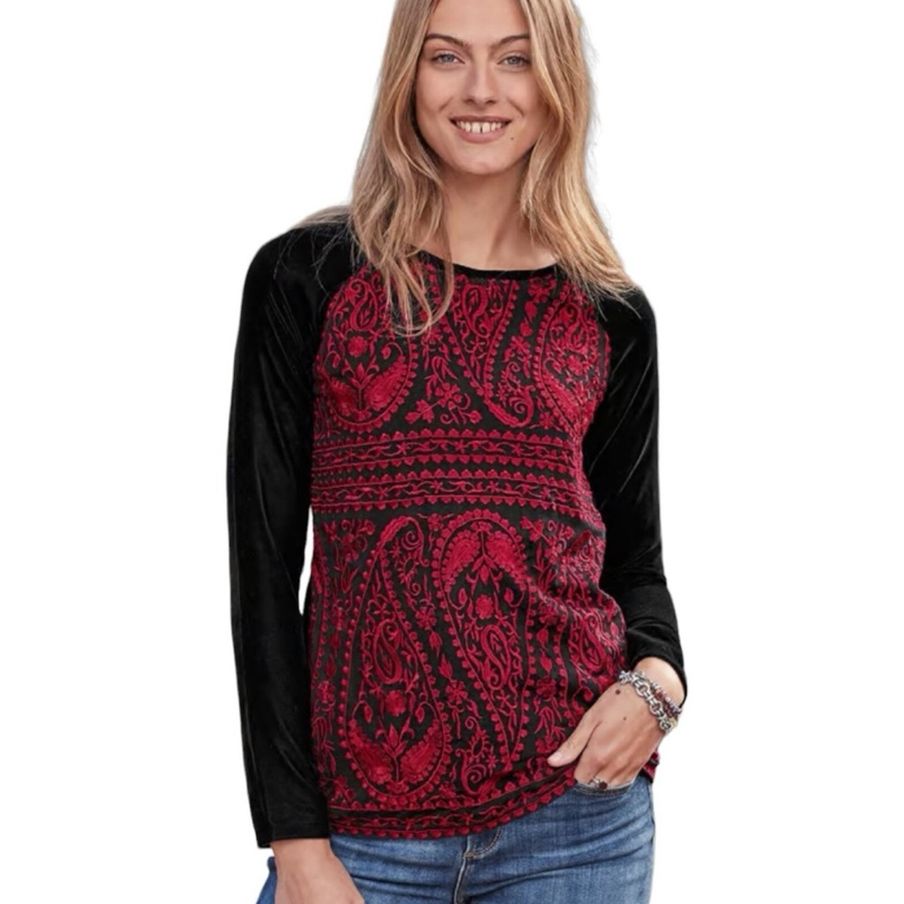 Sundance Embroidered Mesh Enchantress Velvet Top Black Red Bohemian Size XL
